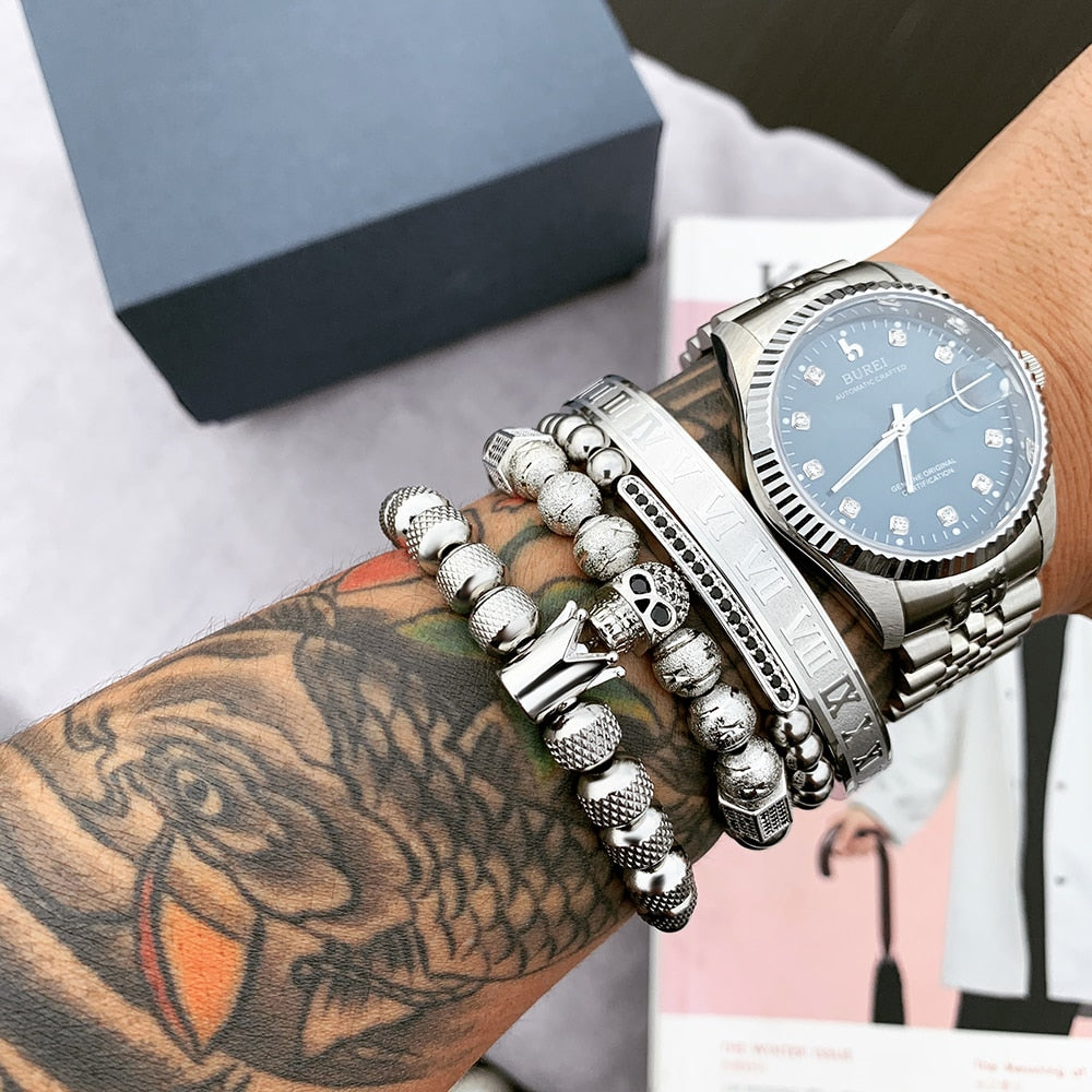 Silver Charm Crown Skull Bracelet Set