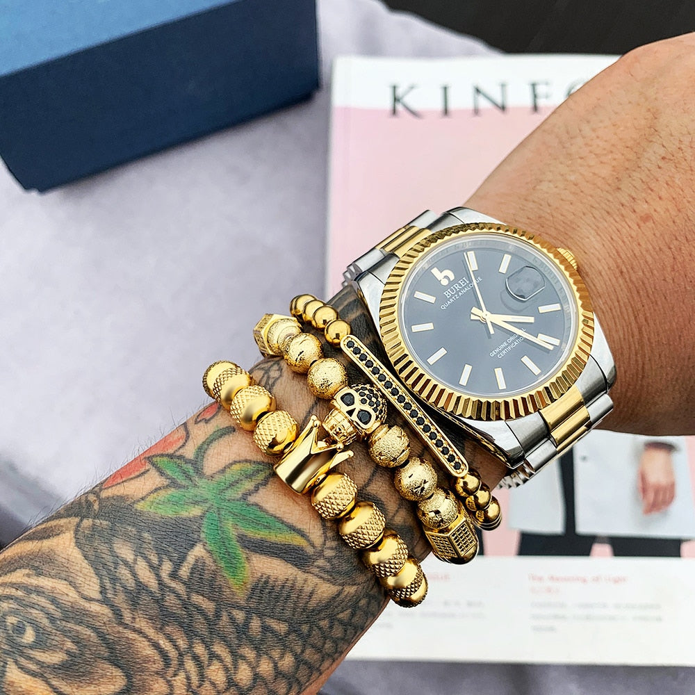 Gold Charm Crown Skull Bracelet Set