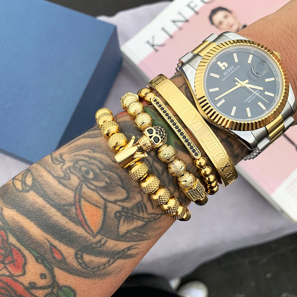 Gold Charm Crown Skull Bracelet Set