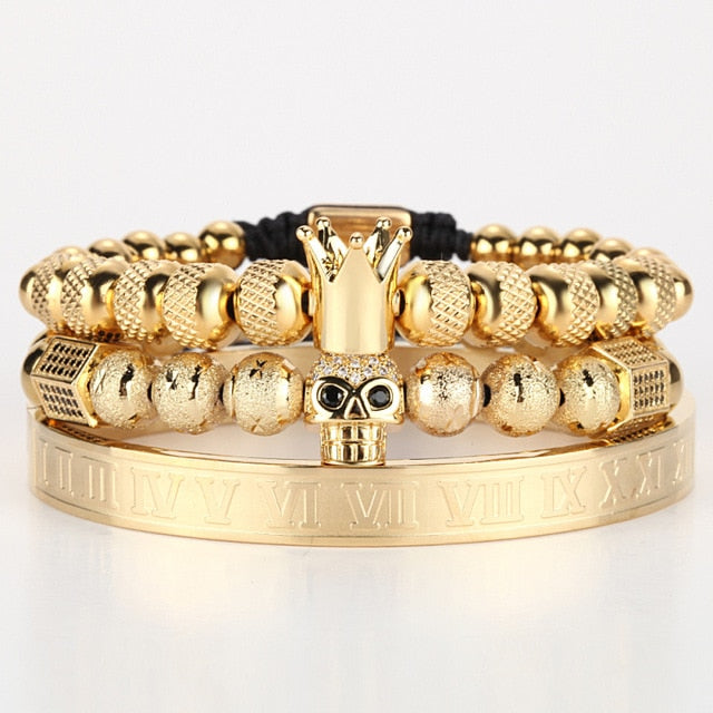 Gold Charm Crown Skull Bracelet Set