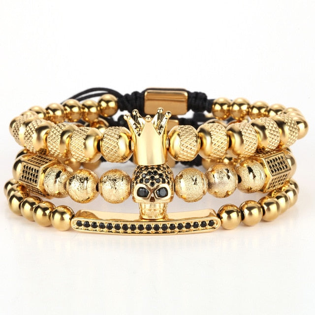 Gold Charm Crown Skull Bracelet Set