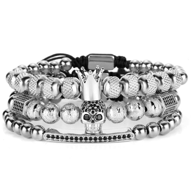 Silver Charm Crown Skull Bracelet Set