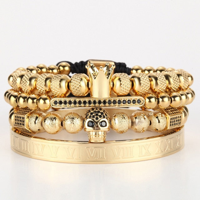 Gold Charm Crown Skull Bracelet Set