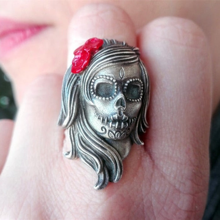 Unique 316L Stainless Steel Flower Sugar Skull Ring