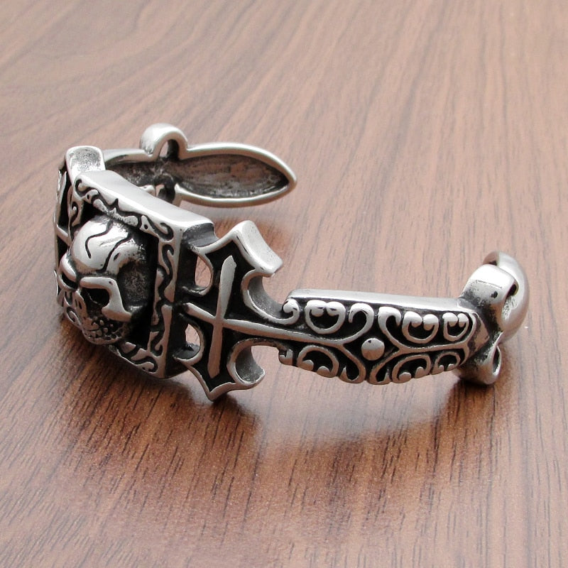 Punk 316L Stainless Steel Double Cross Skull Cuff Bangle
