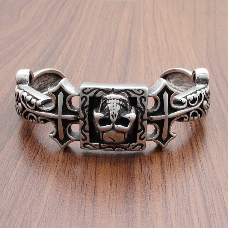 Punk 316L Stainless Steel Double Cross Skull Cuff Bangle