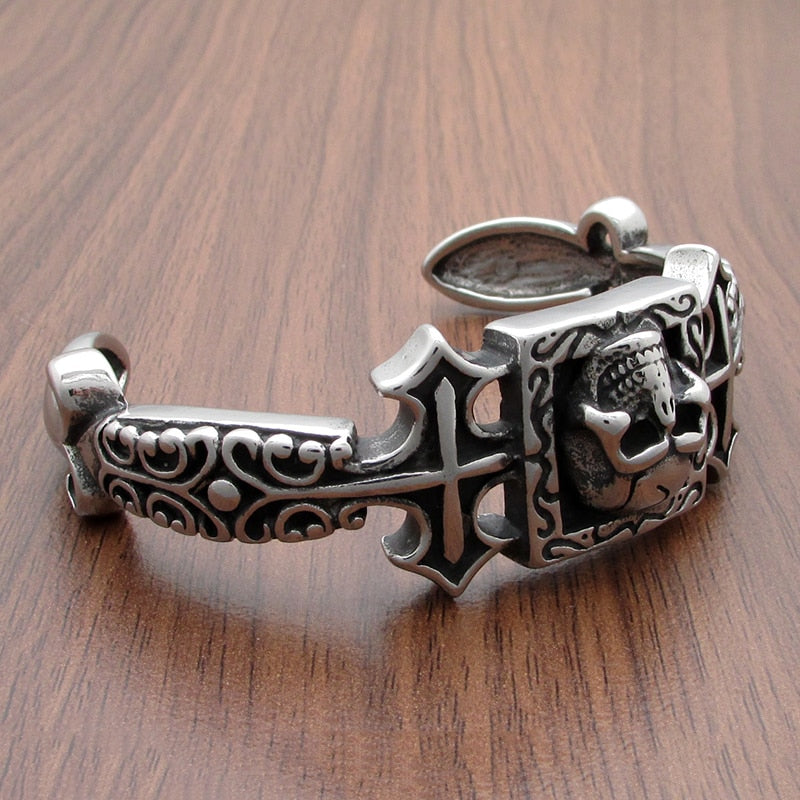 Punk 316L Stainless Steel Double Cross Skull Cuff Bangle