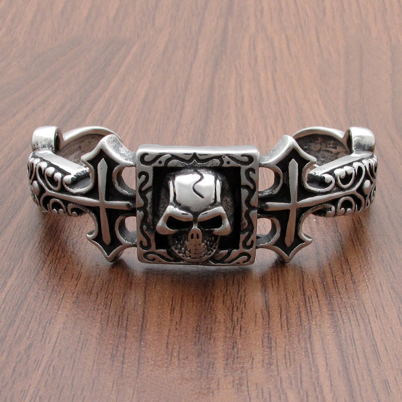 Punk 316L Stainless Steel Double Cross Skull Cuff Bangle