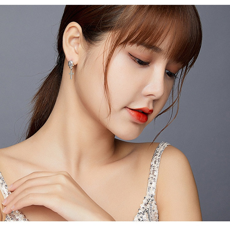 Real Silver Skull Cross Stud Earrings