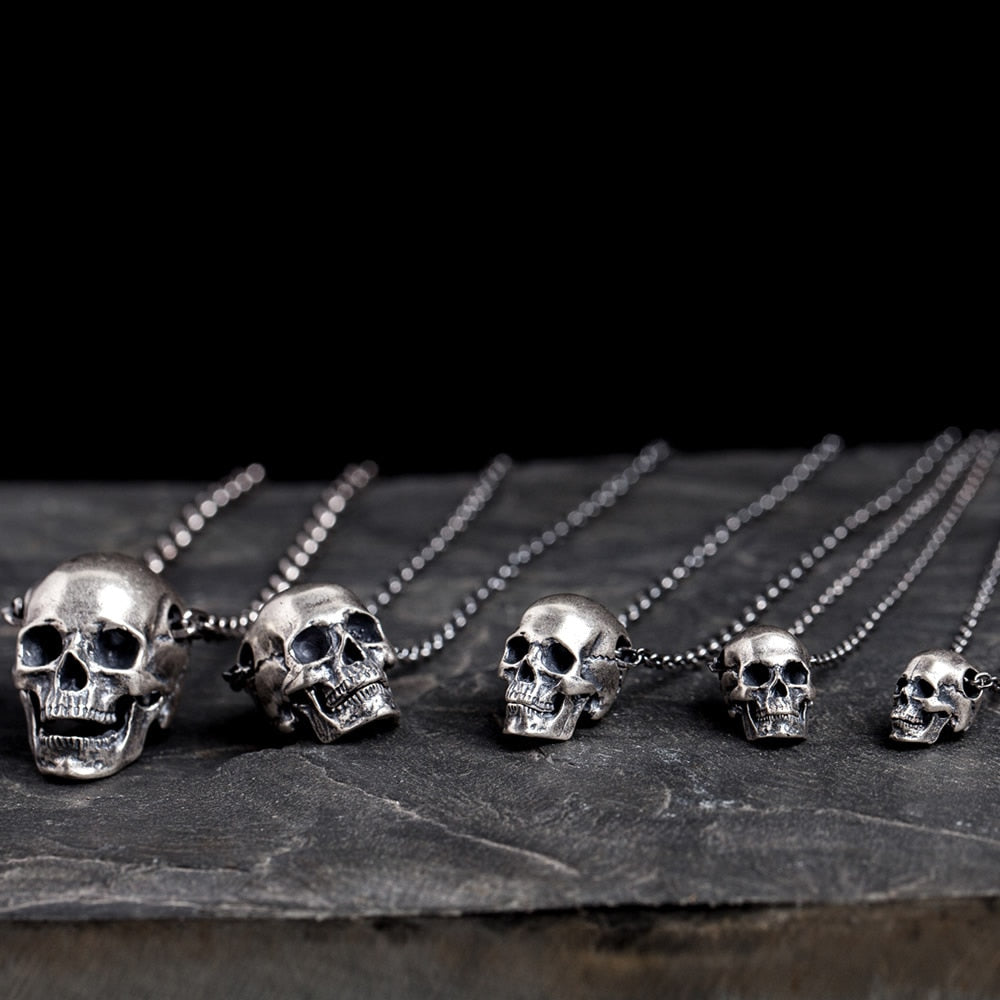 Big to Small 925 Sterling Silver Skull Pendants. Badass skull pendants. Badass skull jewlwelry. Badass biker jewelry. Badass skull accessories.