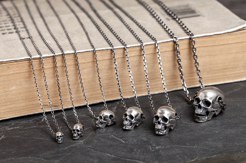Big to Small 925 Sterling Silver Skull Pendants. Badass skull pendants. Badass skull jewlwelry. Badass biker jewelry. Badass skull accessories.