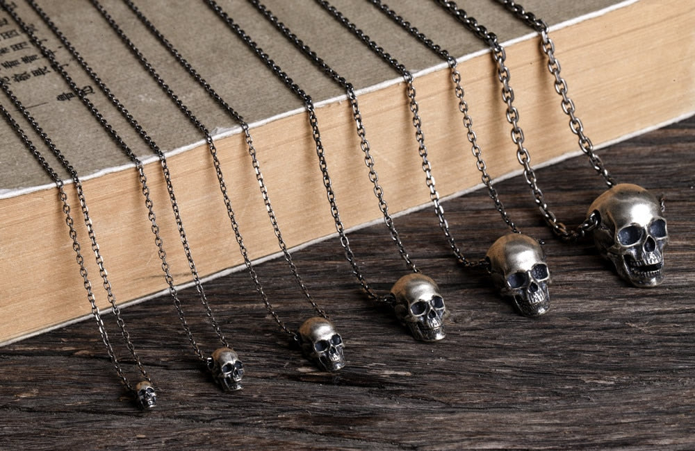 Big to Small 925 Sterling Silver Skull Pendants. Badass skull pendants. Badass skull jewlwelry. Badass biker jewelry. Badass skull accessories.