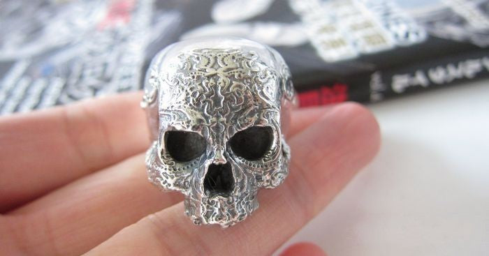 Unisex 925 Sterling Silver Engraved Pattern Skull Ring