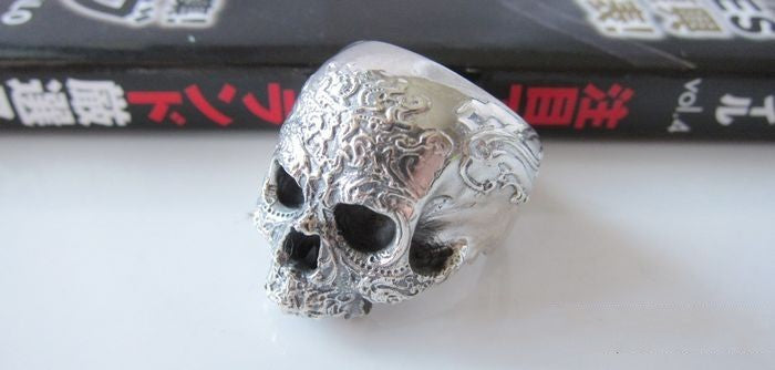 Unisex 925 Sterling Silver Engraved Pattern Skull Ring
