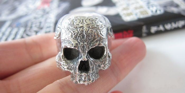 Unisex 925 Sterling Silver Engraved Pattern Skull Ring