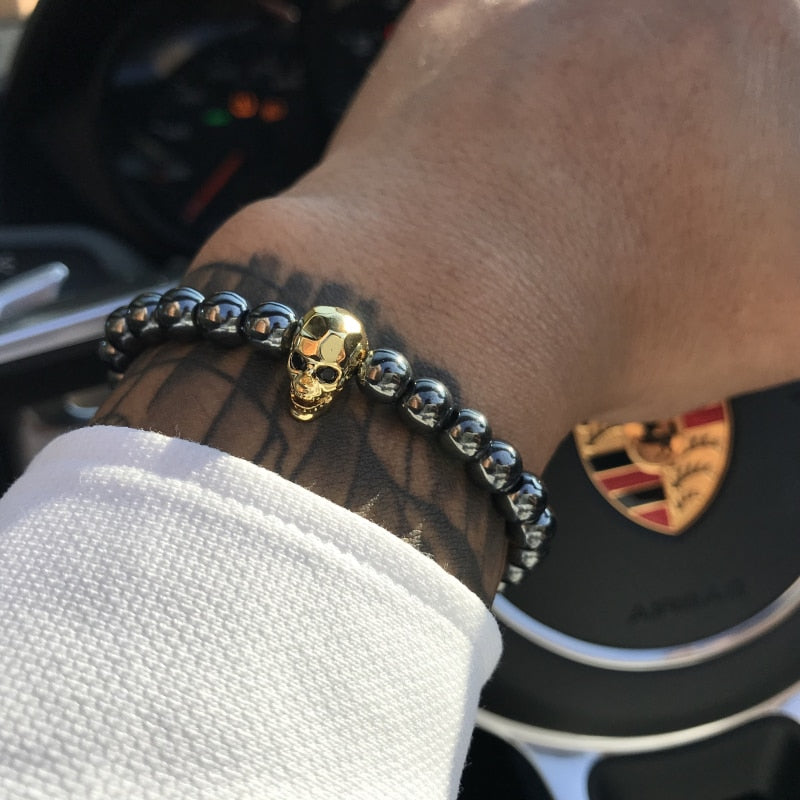 Black Hematite Stone Bead Skull Bracelet