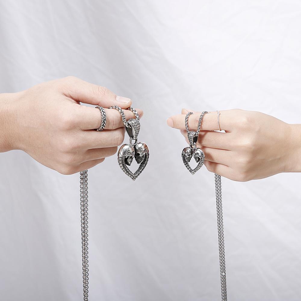 316L Stainless Steel Skull Couple Pendant Necklace. Badass skull pendant for men. Badass gifts for badass. Badass birthday gifts. Badass Christmas gifts for badasses. Badass biker skull pendant necklace. Badass sbiker skull jewelry. Badass skull jewelry. Badass skull accessories. Valentine gifts for couple.