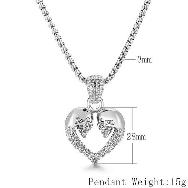 316L Stainless Steel Skull Couple Pendant Necklace. Badass skull pendant for men. Badass gifts for badass. Badass birthday gifts. Badass Christmas gifts for badasses. Badass biker skull pendant necklace. Badass sbiker skull jewelry. Badass skull jewelry. Badass skull accessories. Valentine gifts for couple.