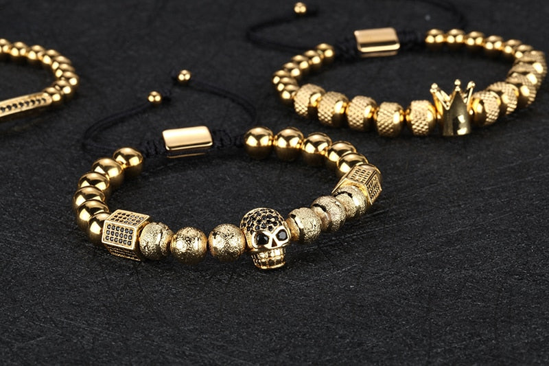 Gold Charm Crown Skull Bracelet Set