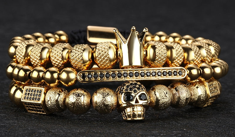 Gold Charm Crown Skull Bracelet Set