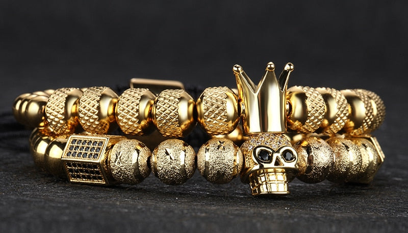 Gold Charm Crown Skull Bracelet Set