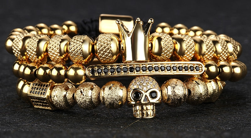 Gold Charm Crown Skull Bracelet Set