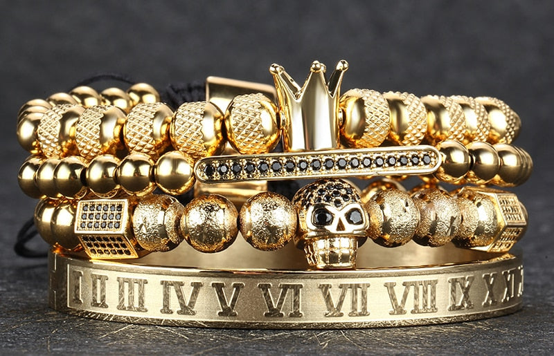 Gold Charm Crown Skull Bracelet Set