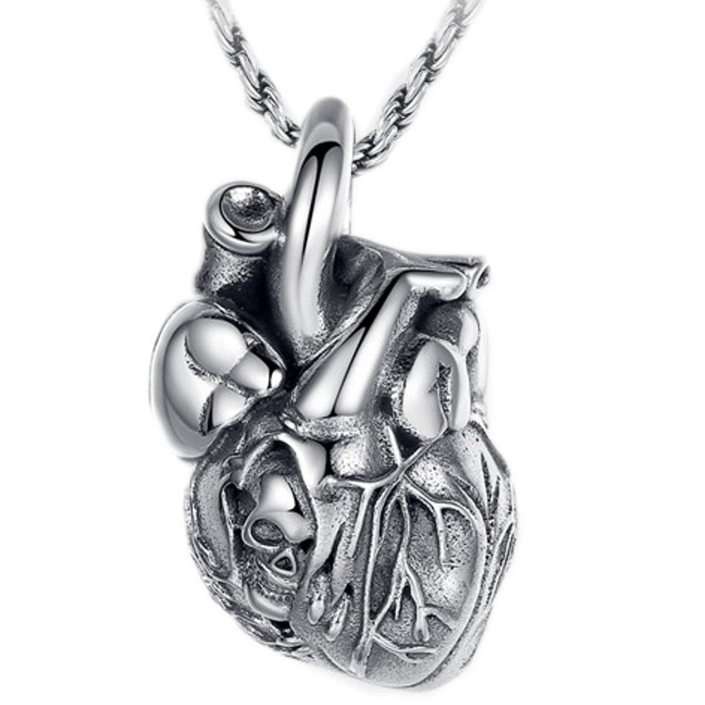 Pure Silver Skull Heart Pendant. Badass skull pendant for men. Badass gifts for badass. Badass birthday gifts. Badass Christmas gifts for badasses. Badass biker skull pendant necklace. Badass sbiker skull jewelry. Badass skull jewelry. Badass skull accessories.