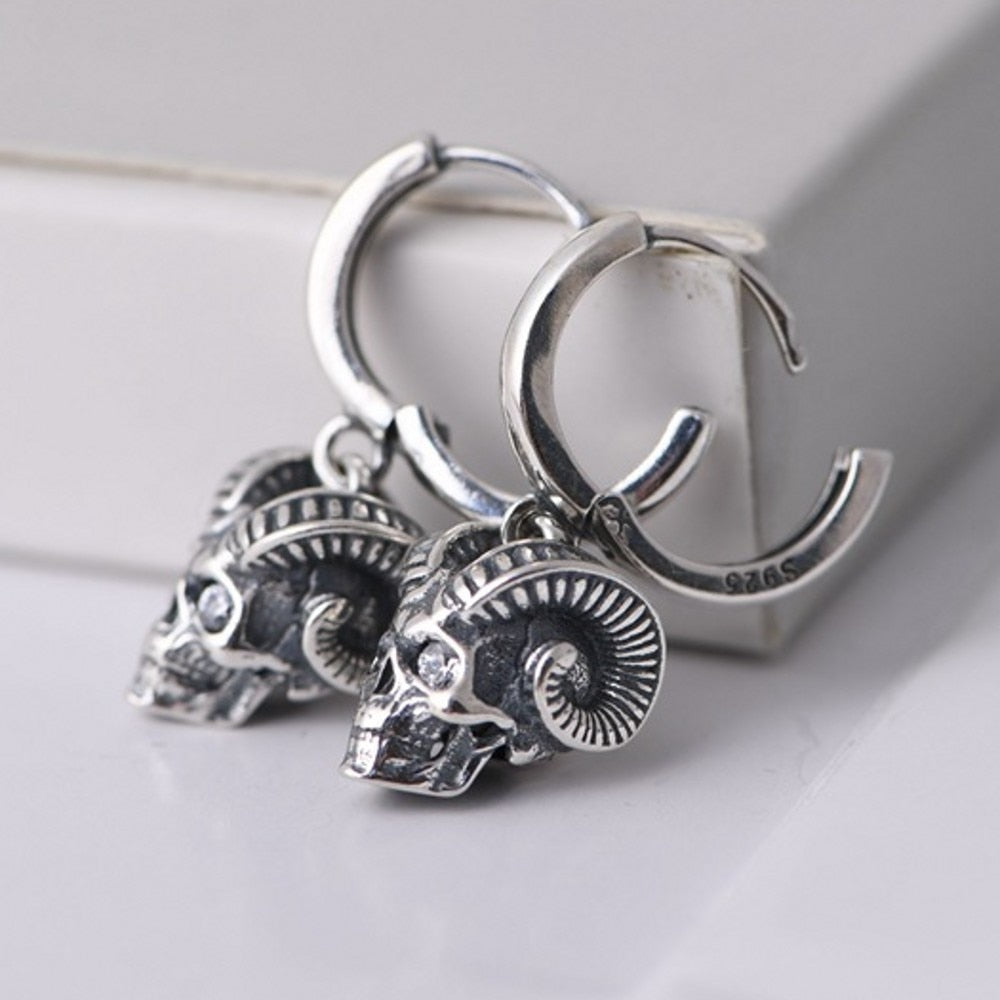 Pure 925 Silver Horn Skull Earrings