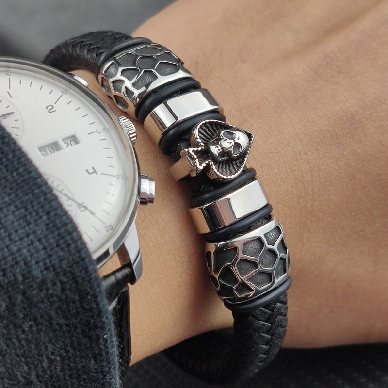 Braided Leather Stainless Steel Charm Spade Skull Bracelets