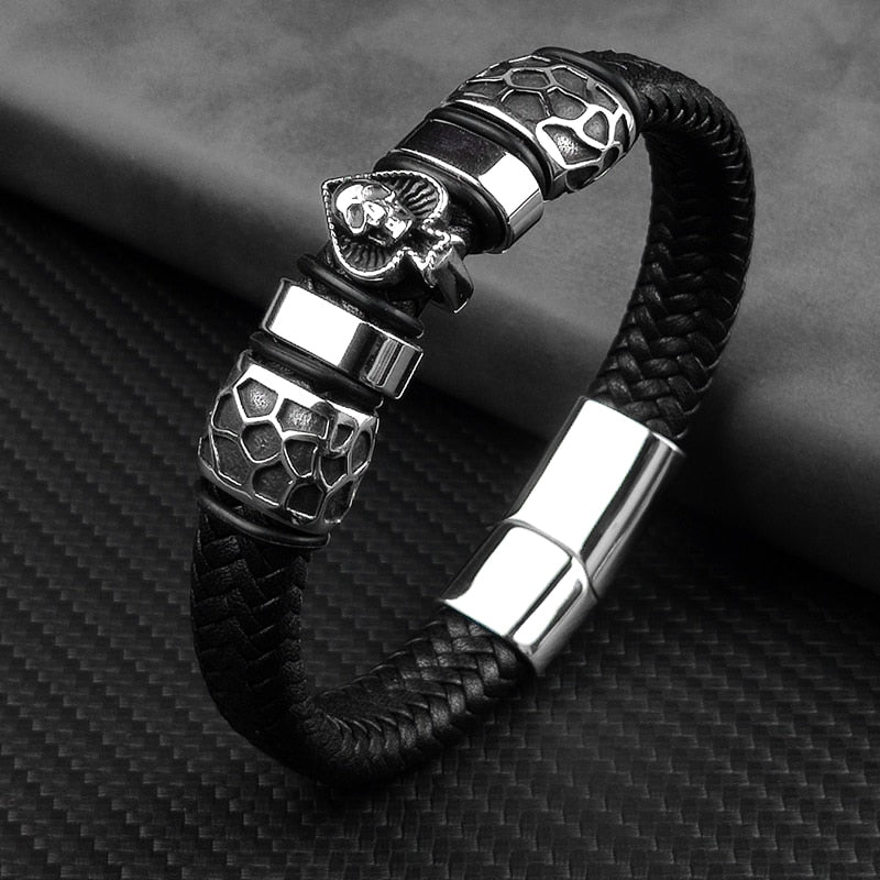 Braided Leather Stainless Steel Charm Spade Skull Bracelets