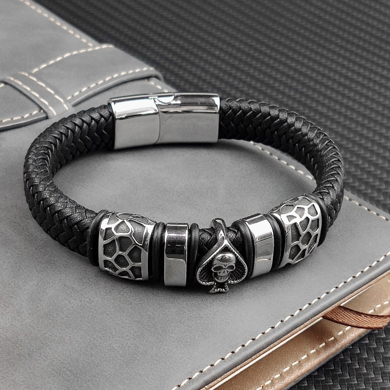 Braided Leather Stainless Steel Charm Spade Skull Bracelets