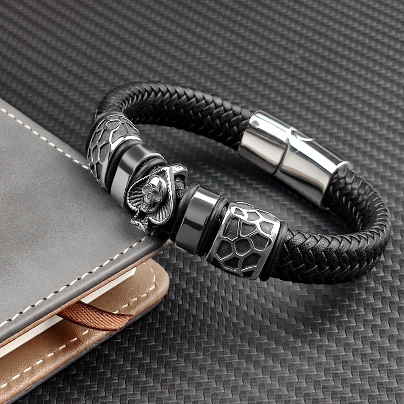 Braided Leather Stainless Steel Charm Spade Skull Bracelets