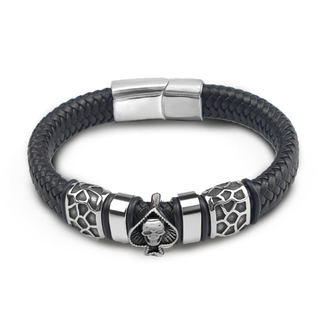 Braided Leather Stainless Steel Charm Spade Skull Bracelets