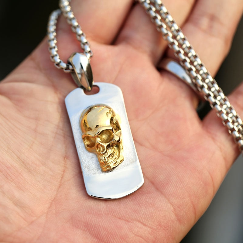 Stainless Steel Silver Gold Skull Dog Tag Necklace