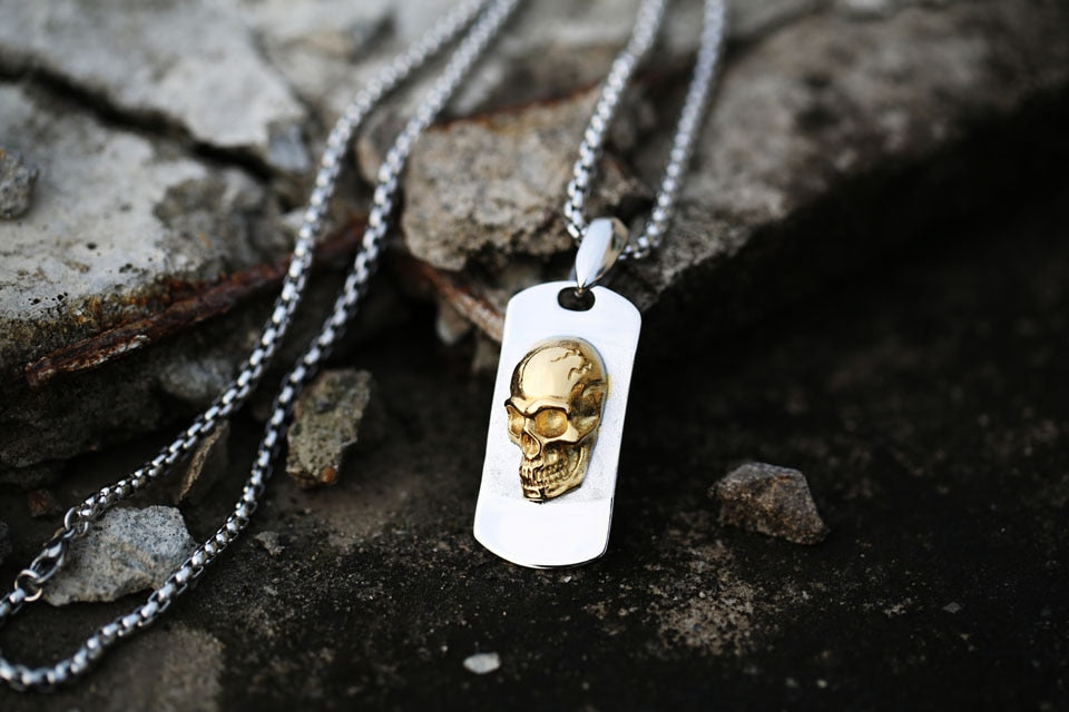 Stainless Steel Silver Gold Skull Dog Tag Necklace