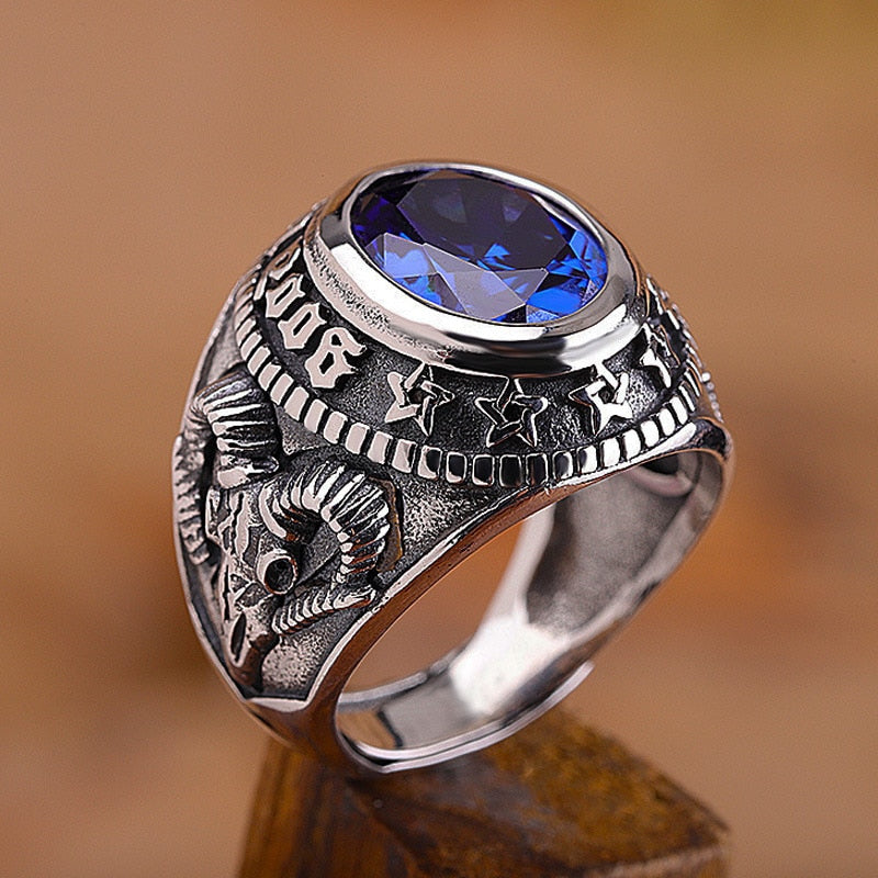 Vintage CZ Stone Goat Horn Skull Ring