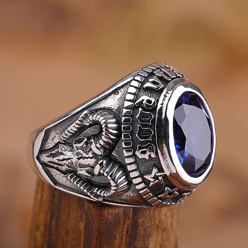 Vintage CZ Stone Goat Horn Skull Ring