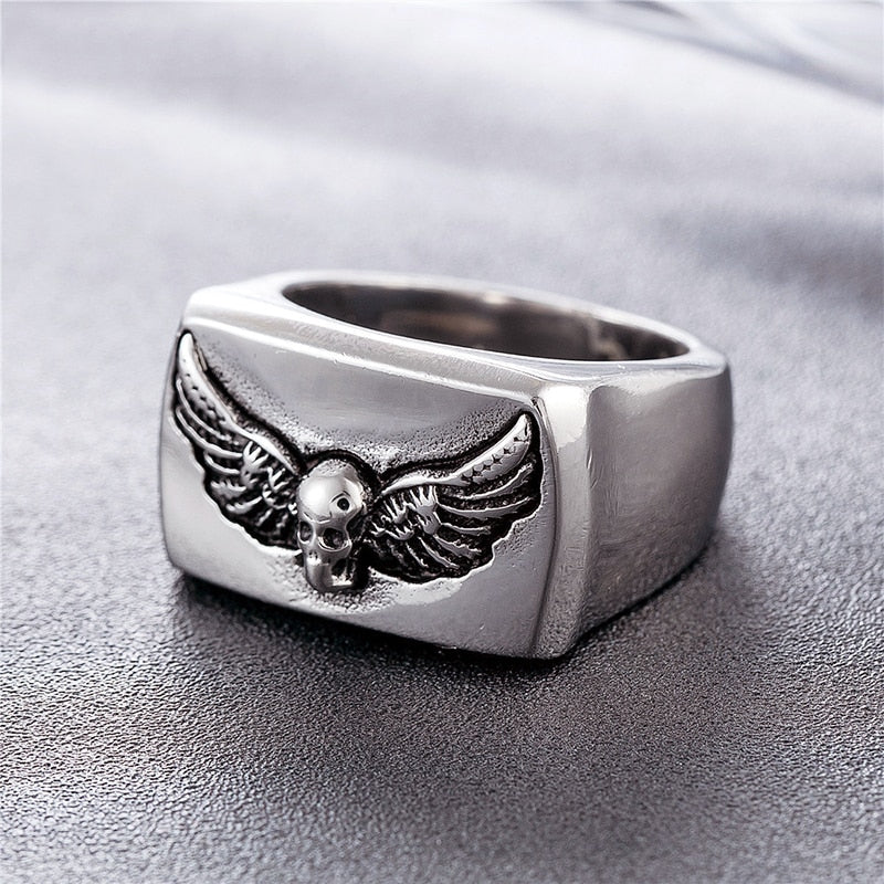 Bold High Polished Punk Wings Skull Ring