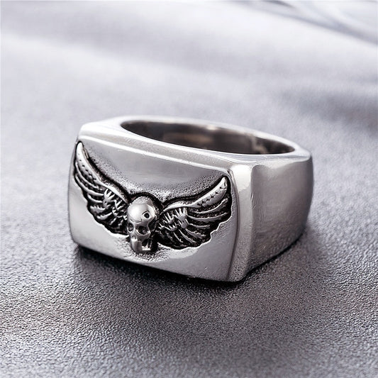 Bold High Polished Punk Wings Skull Ring