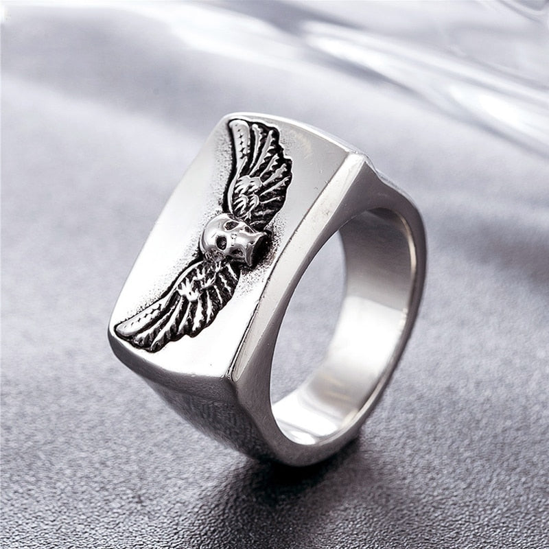 Bold High Polished Punk Wings Skull Ring