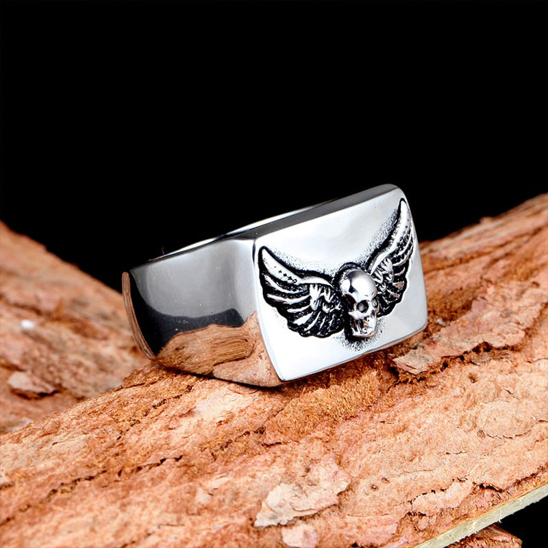 Bold High Polished Punk Wings Skull Ring