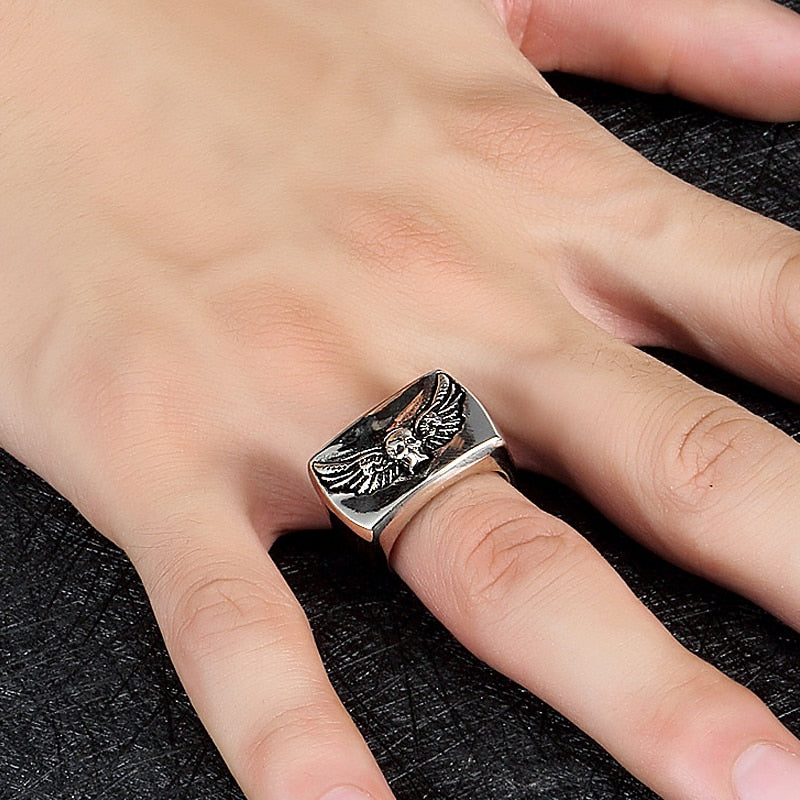 Bold High Polished Punk Wings Skull Ring