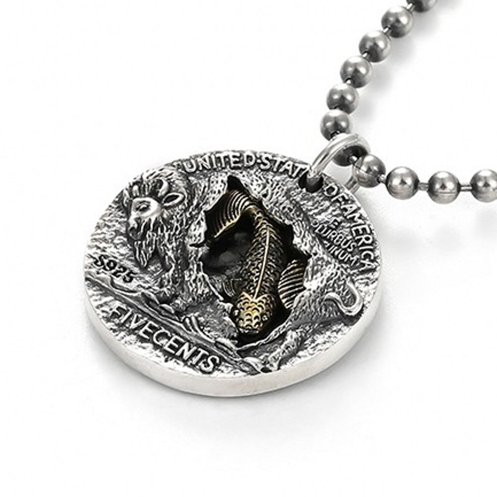 925 Sterling Silver Embossed Koi Skull Pendant
