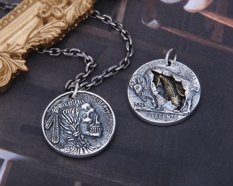 925 Sterling Silver Embossed Koi Skull Pendant