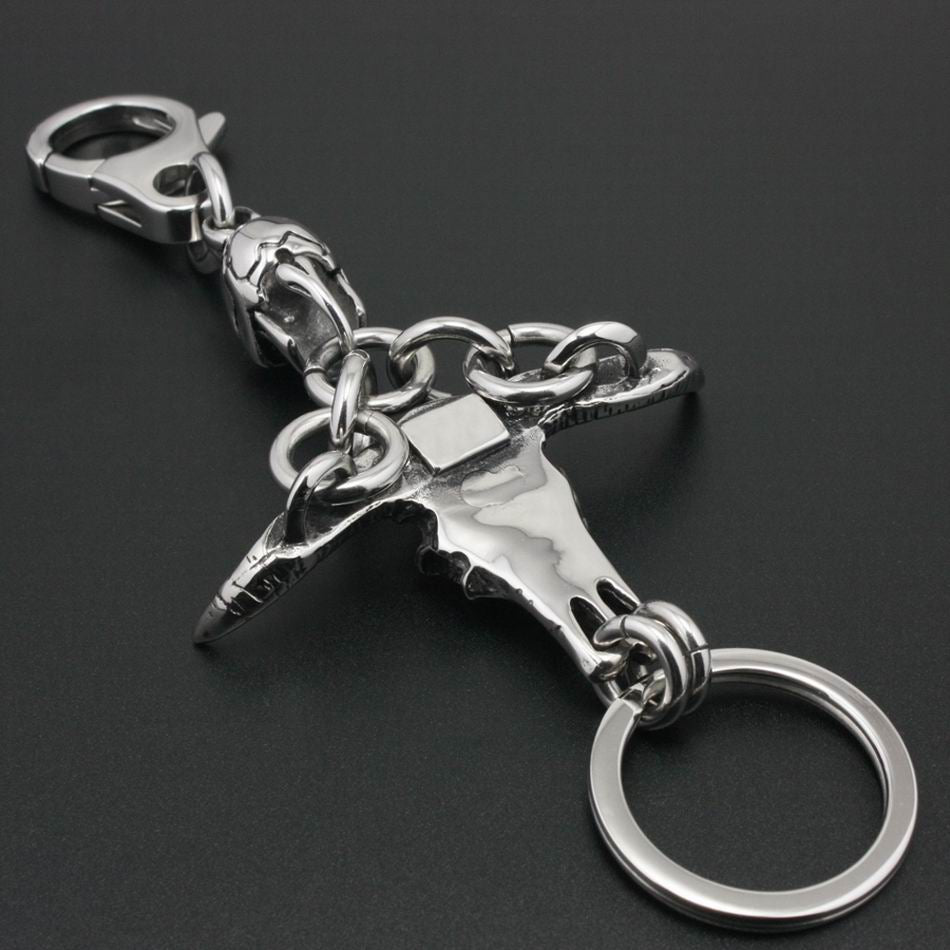 Unique Minotaur Skull KeyRing Stainless Steel Skull Biker Rocker Keychain