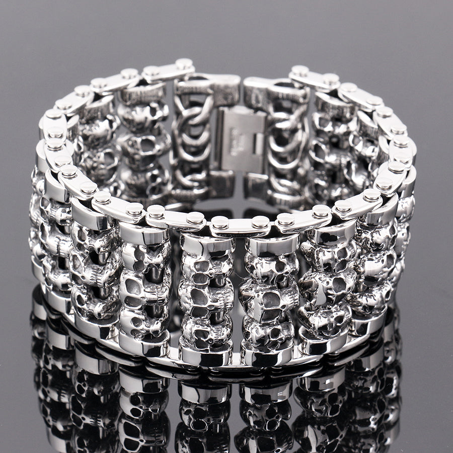 Stainless Steel Huge Heavy Solid Silver Skeleton Skull Bracelet