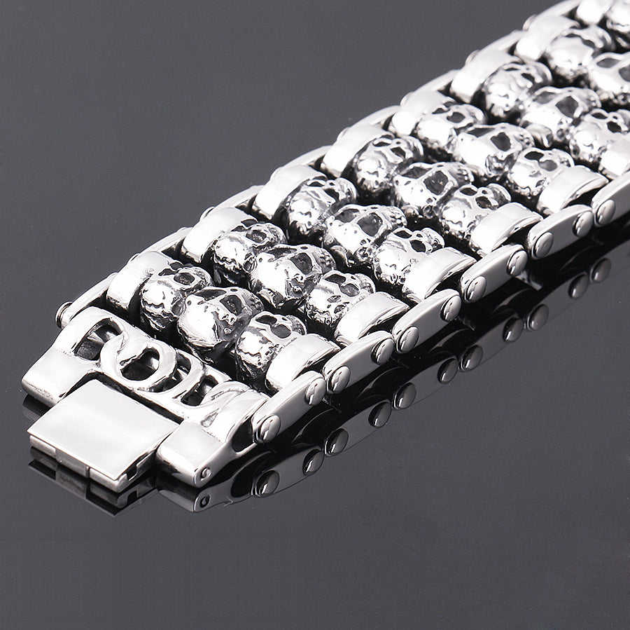 Stainless Steel Huge Heavy Solid Silver Skeleton Skull Bracelet