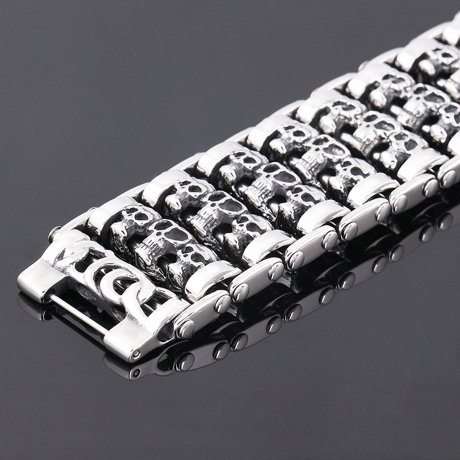 Stainless Steel Huge Heavy Solid Silver Skeleton Skull Bracelet