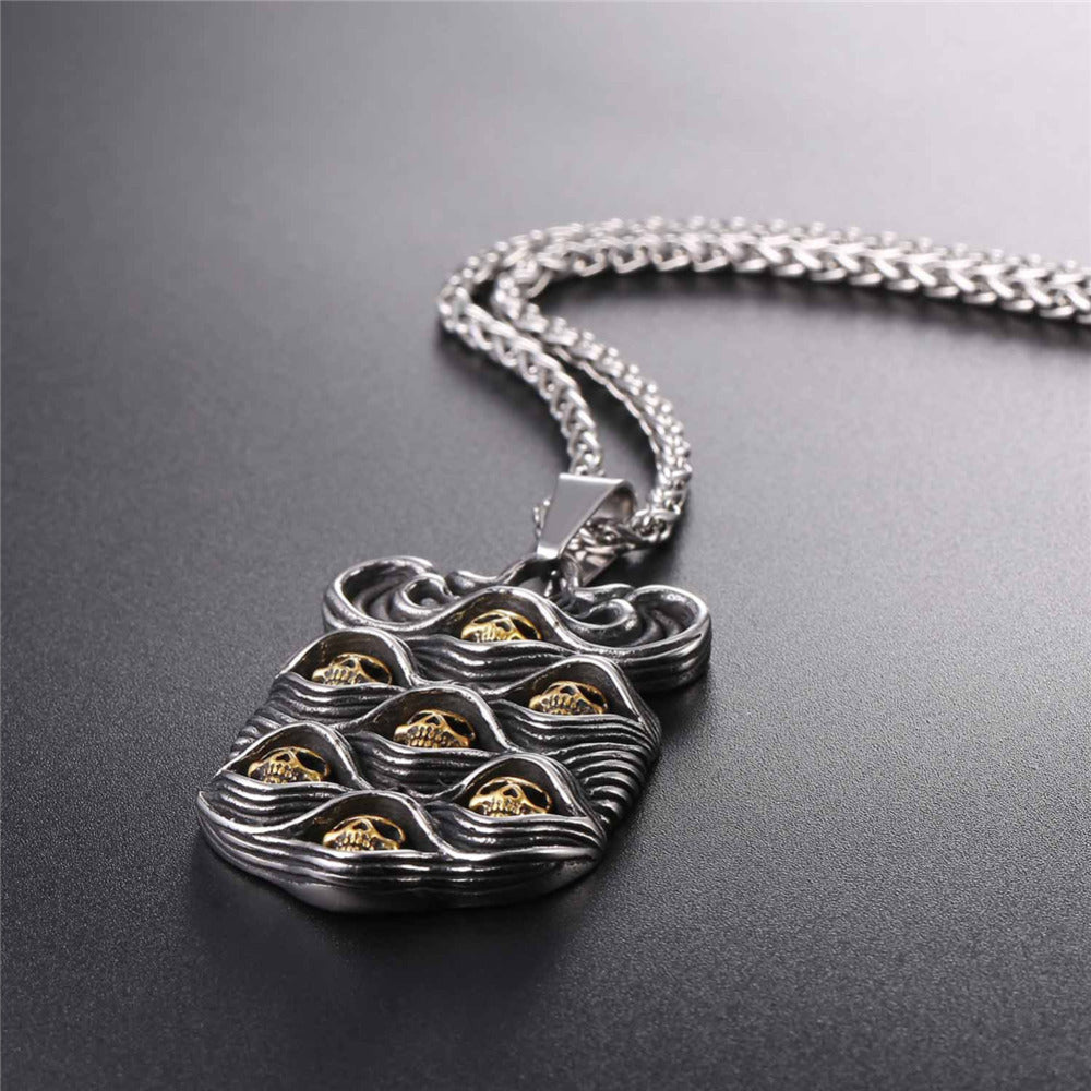 Stainless Steel Cool Punk Seven Skulls Two-color Tag Pendant Necklace